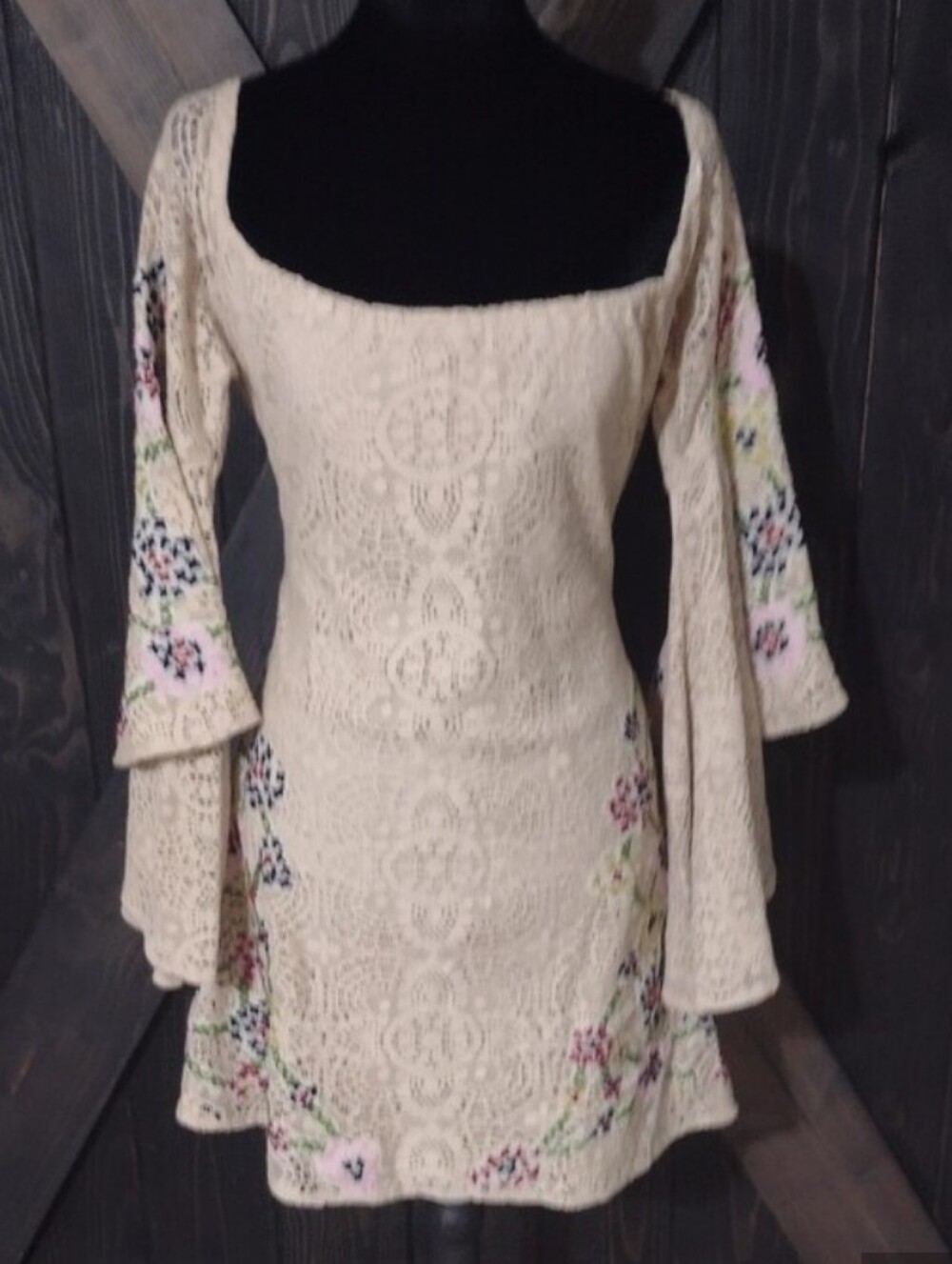 Judith March Crochet Embroidery Whimsical Fairycore Boho Bell Sleeves Dress